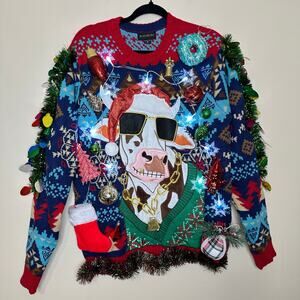 Ugly Christmas Sweater Santa Cow LIGHTS UP Tinsel Xmas Party Winner Size Medium